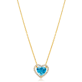 Aquamarine CZ Stone  Heart Design Wholesale Silver Charm Necklace