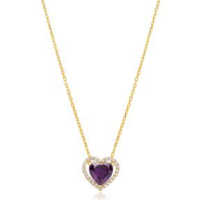 Amethyst CZ Stone  Heart Design Wholesale Silver Charm Necklace