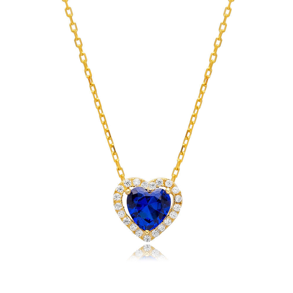9x9 mm Heart Sapphire CZ Stone Silver Charm Necklace