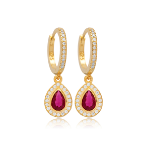 Ruby CZ Stone Pear Drop Design Silver Dangle Earrings Jewelry