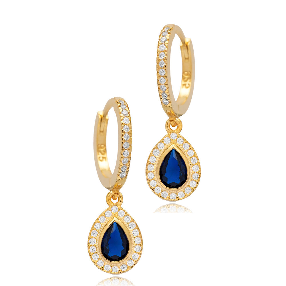 Sapphire CZ Stone Pear Drop Silver Dangle Earrings Jewelry