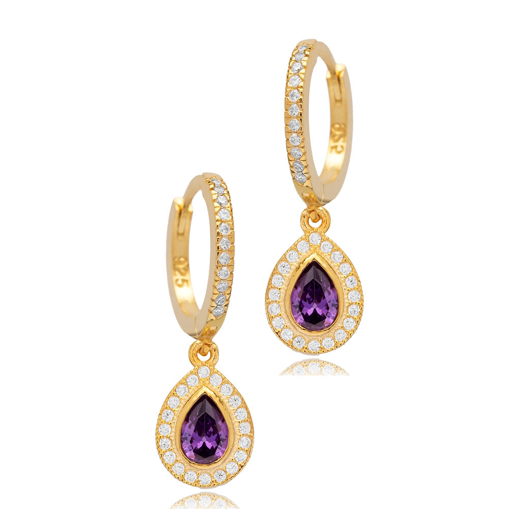 Amethyst CZ Stone Pear Drop Design Silver Dangle Earrings Jewelry