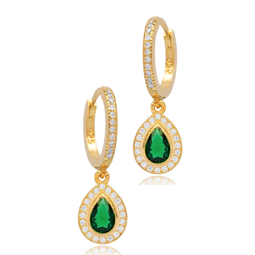 Emerald CZ Stone Pear Drop Silver Dangle Earrings Jewelry