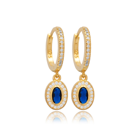 Oval Design Sapphire CZ Stone Silver Dangle Earrings Jewelry