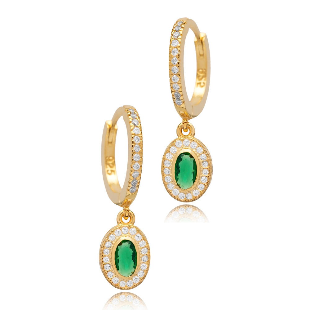 Emerald CZ Stone Oval Design Silver Dangle Earrings Jewelry