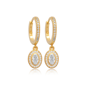 White CZ Stone Oval Design Silver Dangle Earrings Jewelry