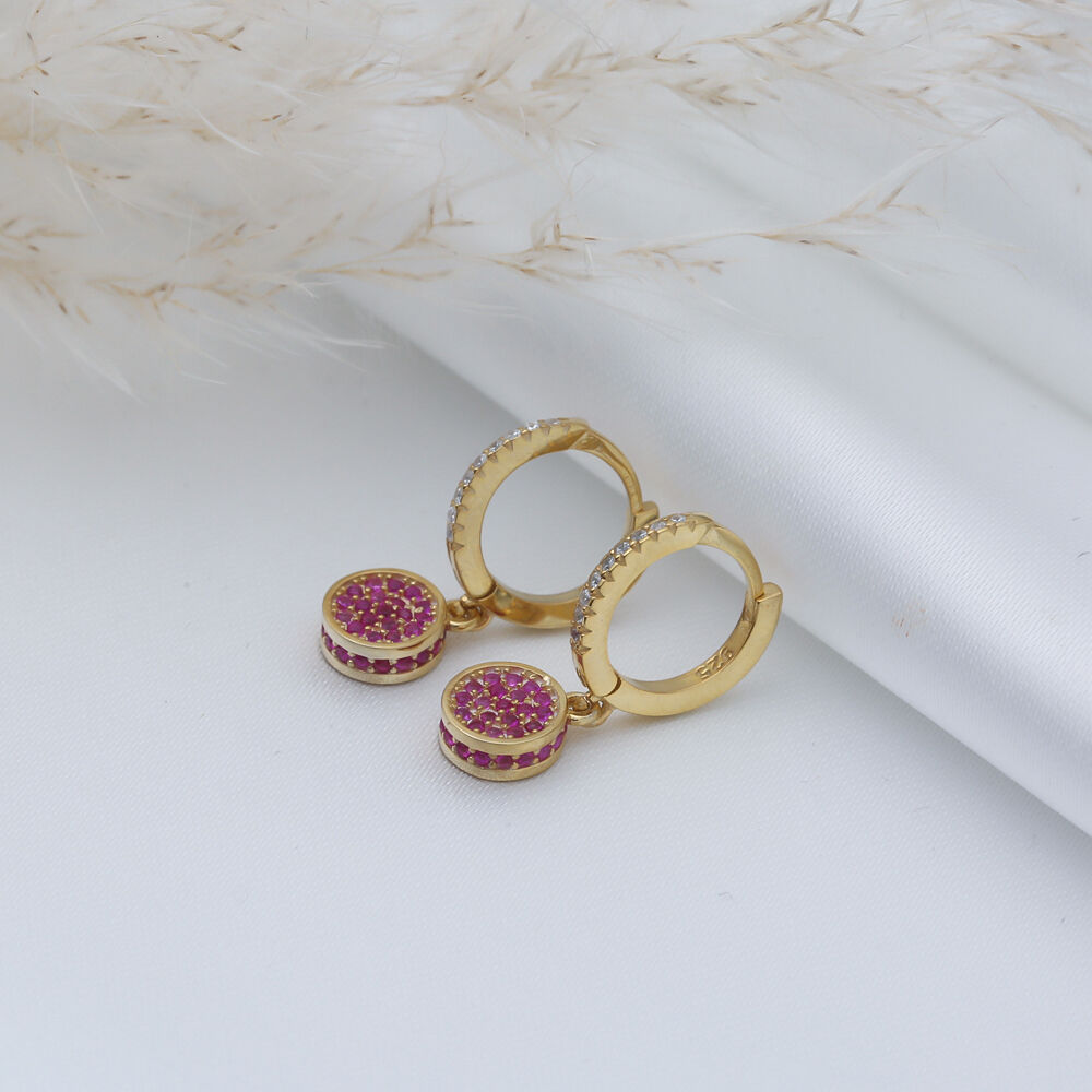 Ruby CZ Round Design Silver Dangle Earrings Jewelry