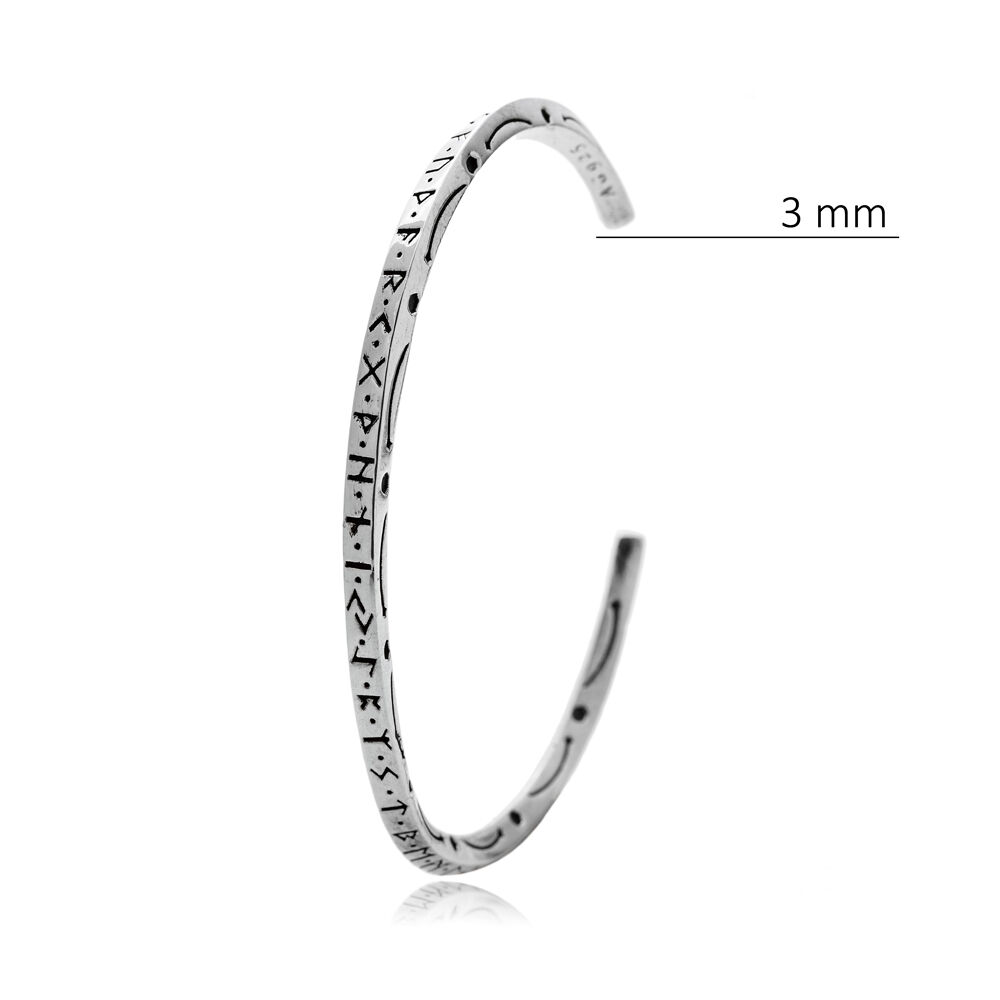 Runic Symbols Unisex 925 Silver Jewelry Cuff Bracelet