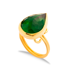 Emerald Quartz Pear Drop Silver Gold Bezel Adjustable Ring
