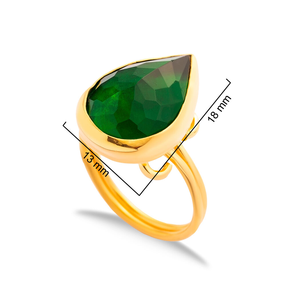 Emerald Quartz Pear Drop Silver Gold Bezel Adjustable Ring