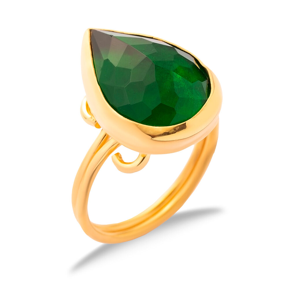 Emerald Quartz Pear Drop Silver Gold Bezel Adjustable Ring