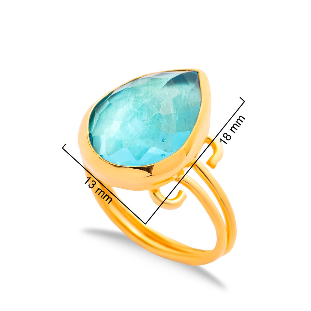 Aquamarine Quartz Pear Drop Silver Gold Bezel Adjustable Ring