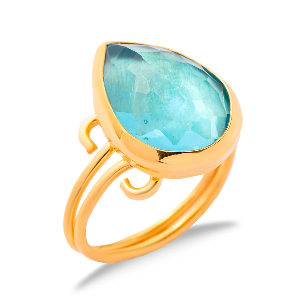 Aquamarine Quartz Pear Drop Silver Gold Bezel Adjustable Ring