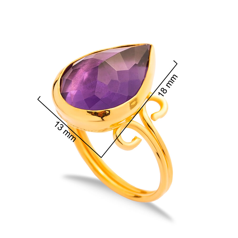 Amethyst Quartz Pear Drop Silver Gold Bezel Adjustable Ring Jewelry