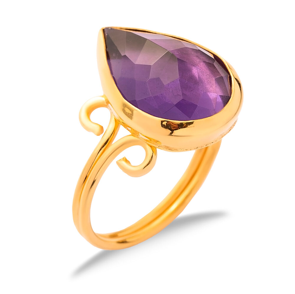 Amethyst Quartz Pear Drop Silver Gold Bezel Adjustable Ring Jewelry