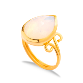 White Quartz Pear Drop Silver Gold Bezel Adjustable Ring