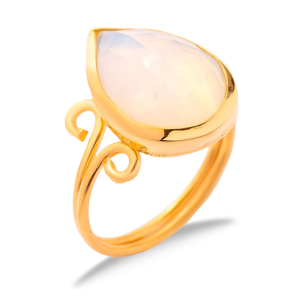 White Quartz Pear Drop Silver Gold Bezel Adjustable Ring