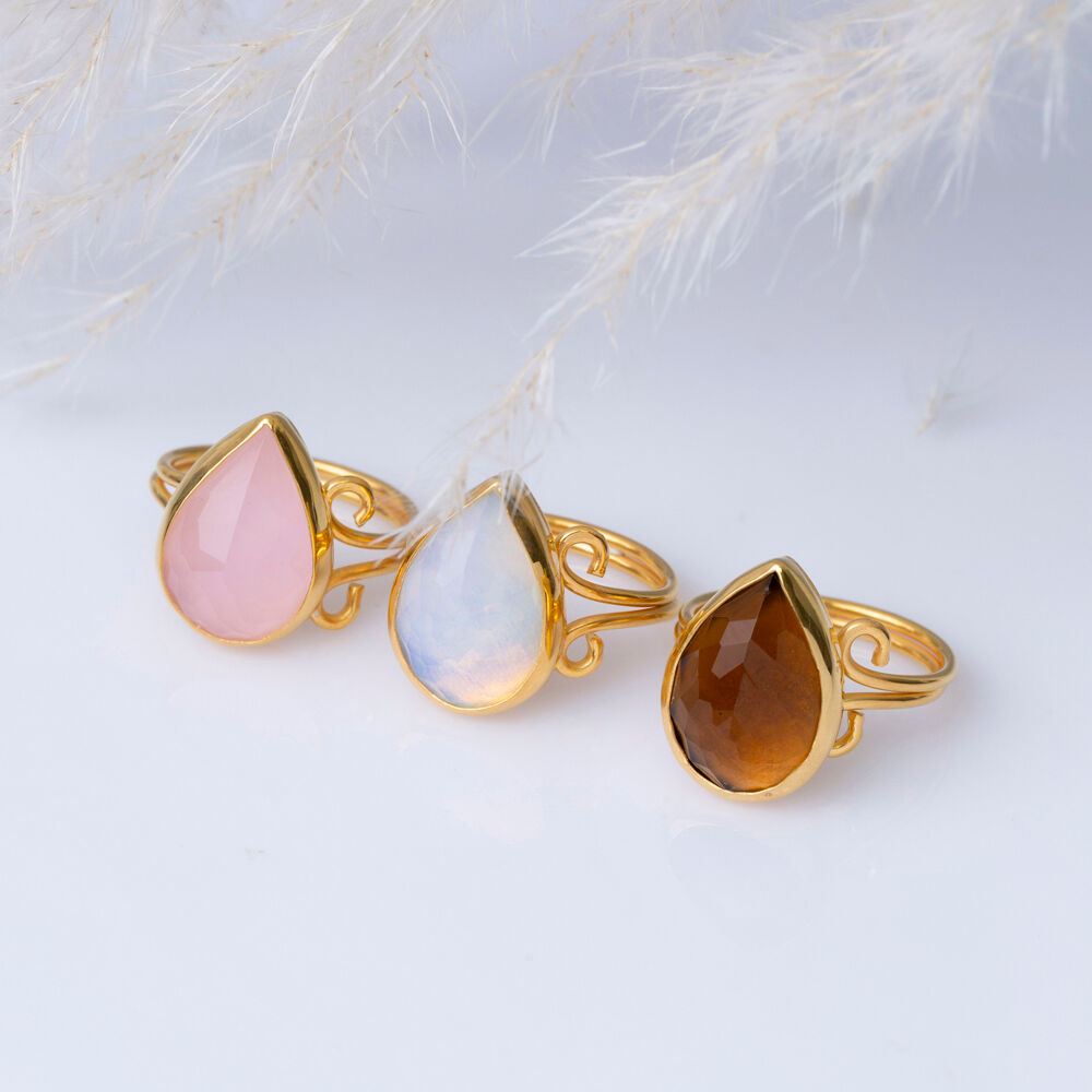 Pink Quartz Pear Drop Silver Gold Bezel Adjustable Ring