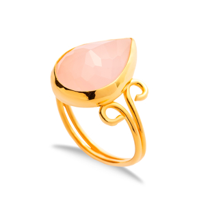 Pink Quartz Pear Drop Silver Gold Bezel Adjustable Ring