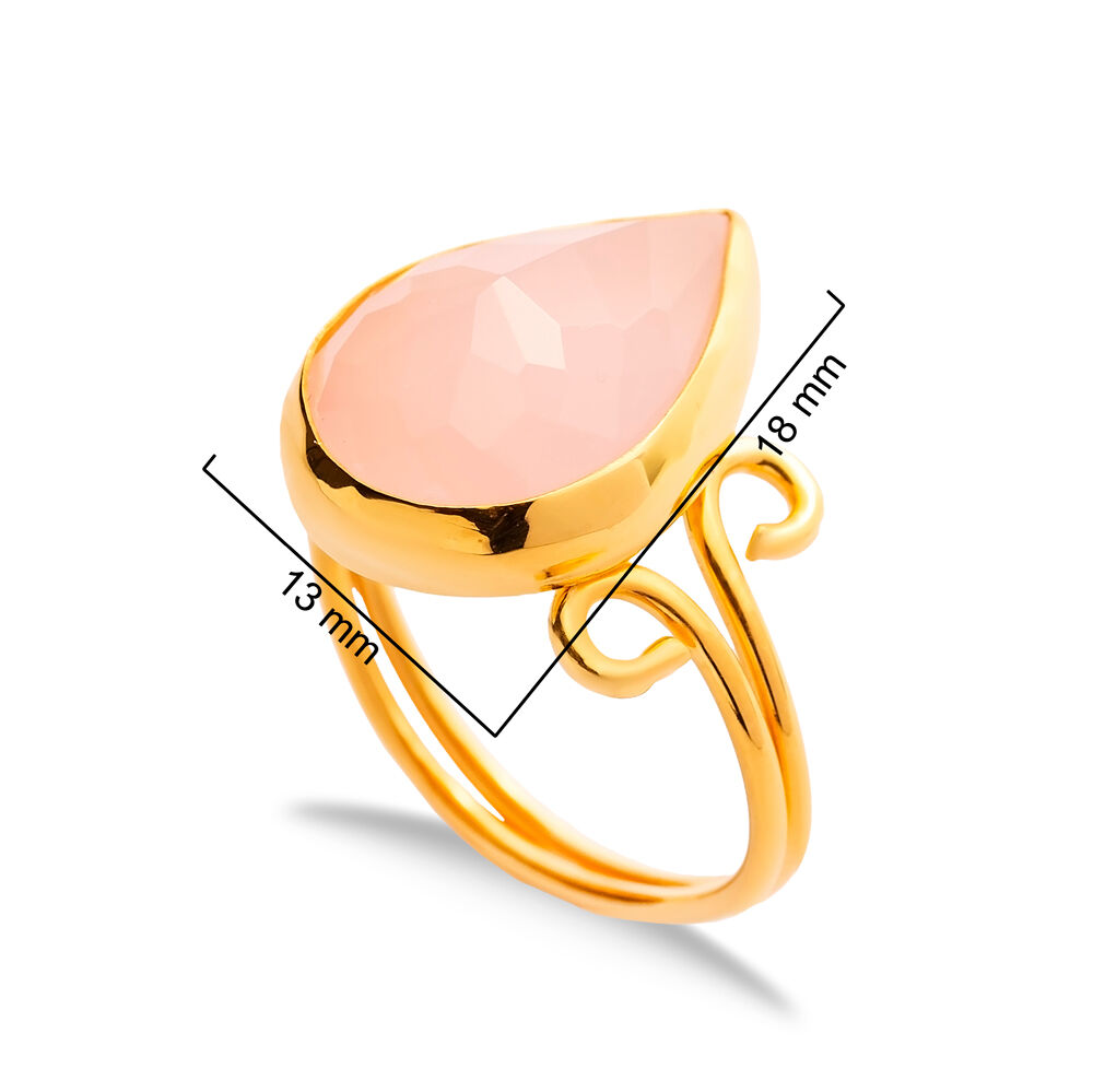 Pink Quartz Pear Drop Silver Gold Bezel Adjustable Ring