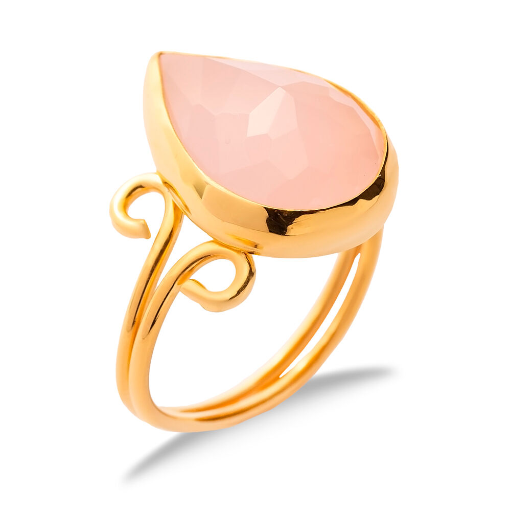 Pink Quartz Pear Drop Silver Gold Bezel Adjustable Ring