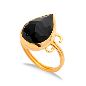 Black Quartz Pear Drop Silver Gold Bezel Adjustable Ring
