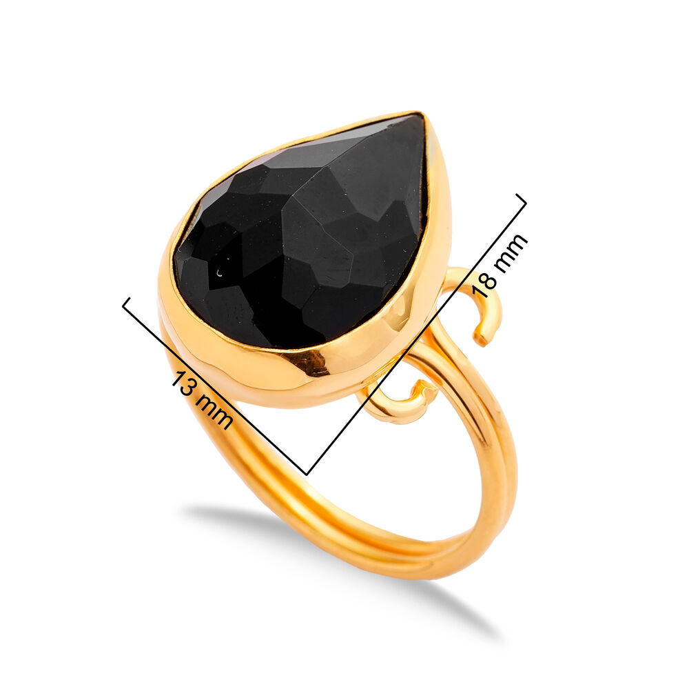 Black Quartz Pear Drop Silver Gold Bezel Adjustable Ring