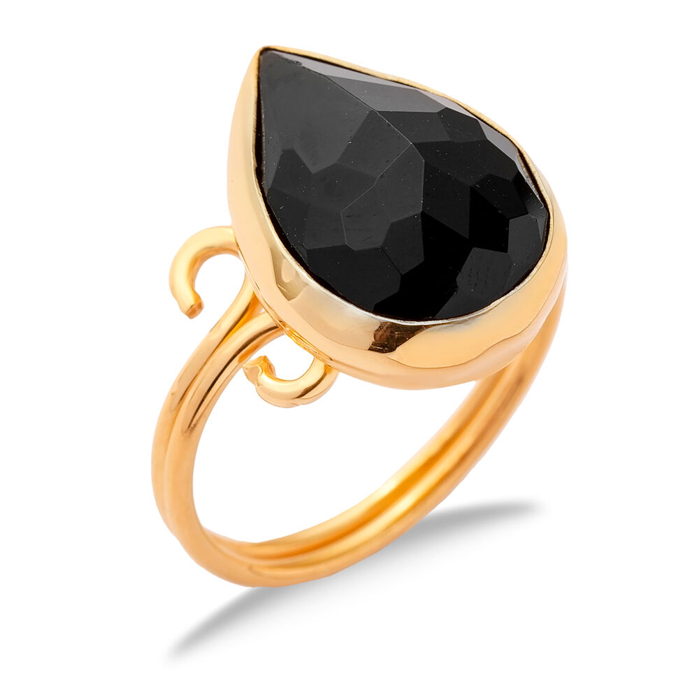 Black Quartz Pear Drop Silver Gold Bezel Adjustable Ring