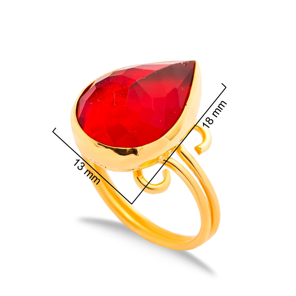 Ruby Quartz Pear Drop Silver Gold Bezel Adjustable Ring