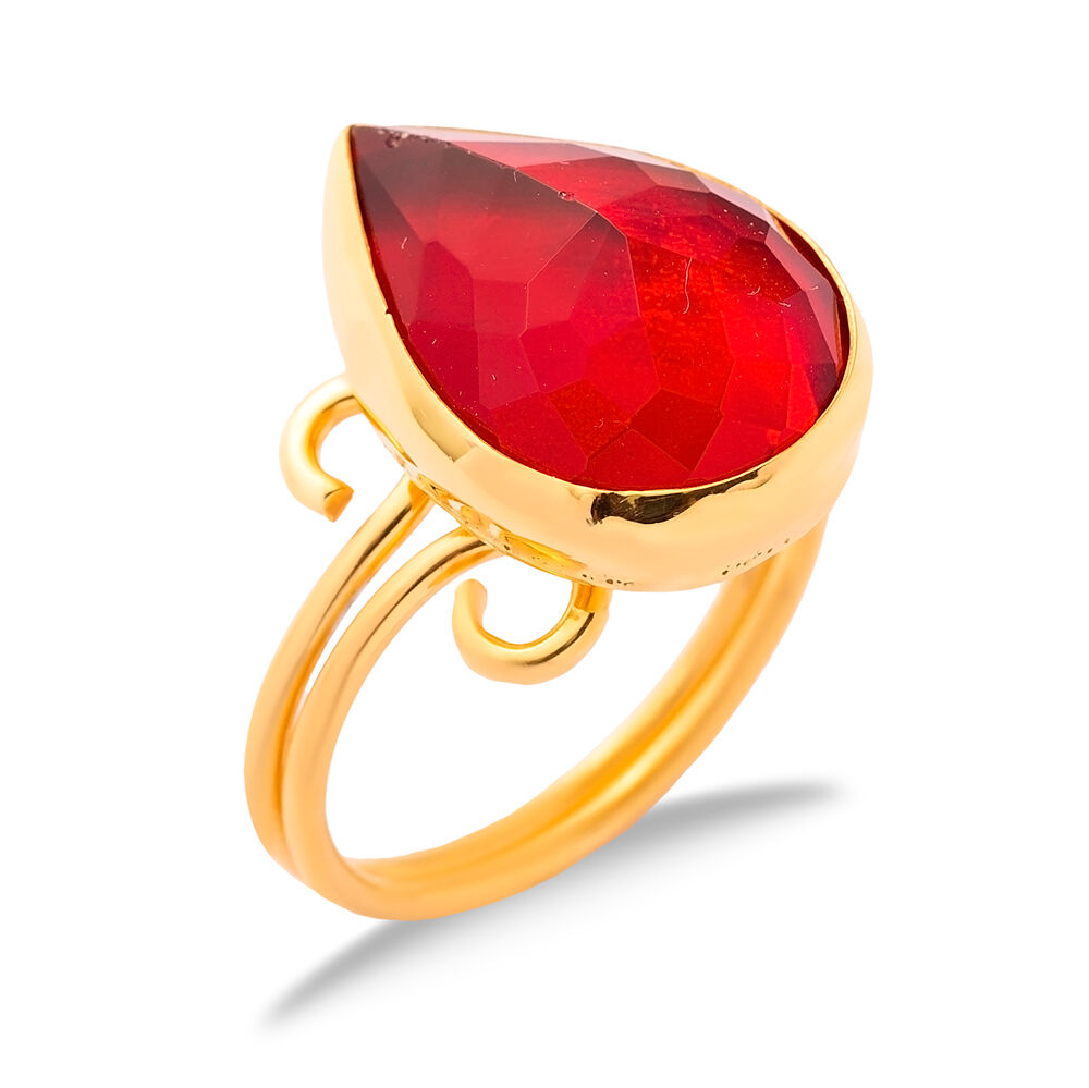 Ruby Quartz Pear Drop Silver Gold Bezel Adjustable Ring