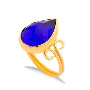 Sapphire Quartz Drop Sterling Silver Gold Bezel Adjustable Ring