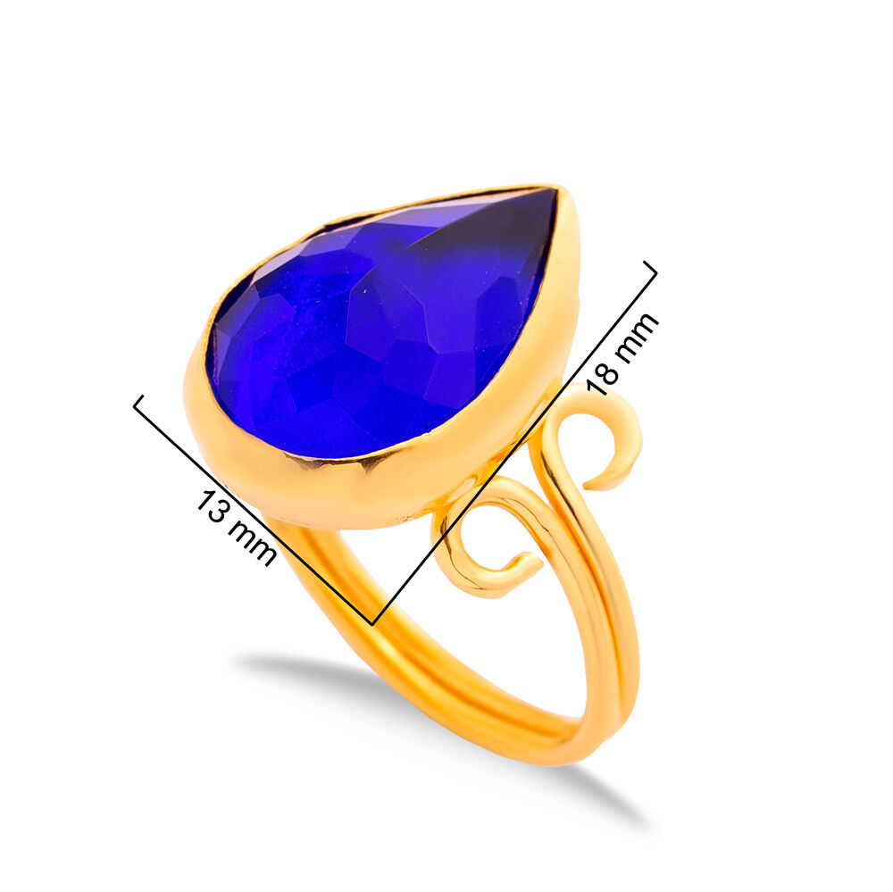 Sapphire Quartz Drop Sterling Silver Gold Bezel Adjustable Ring