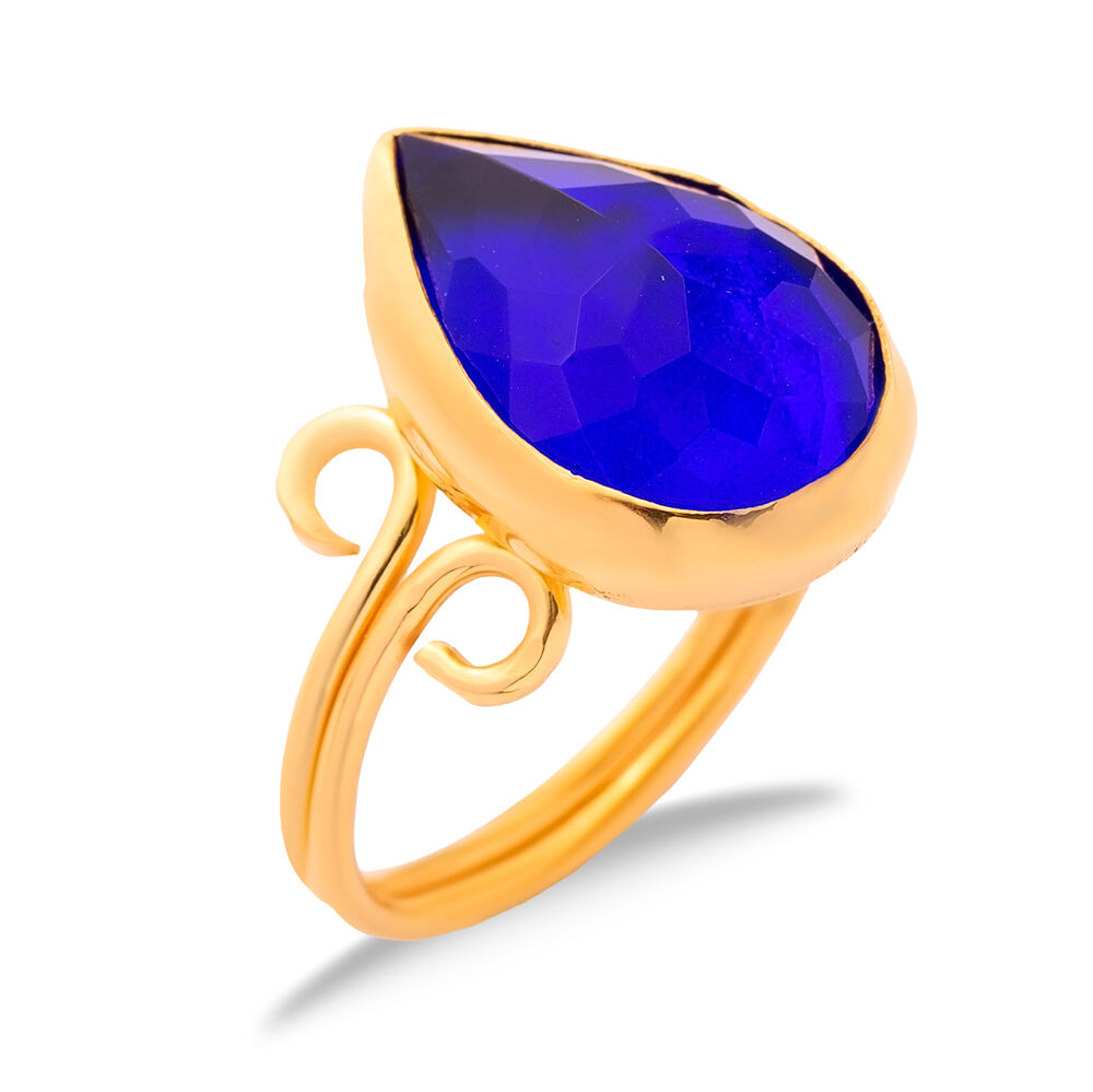 Sapphire Quartz Drop Sterling Silver Gold Bezel Adjustable Ring