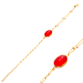 Ruby Quartz 22K Gold Bezel Oval Shape Chain Silver Bracelet