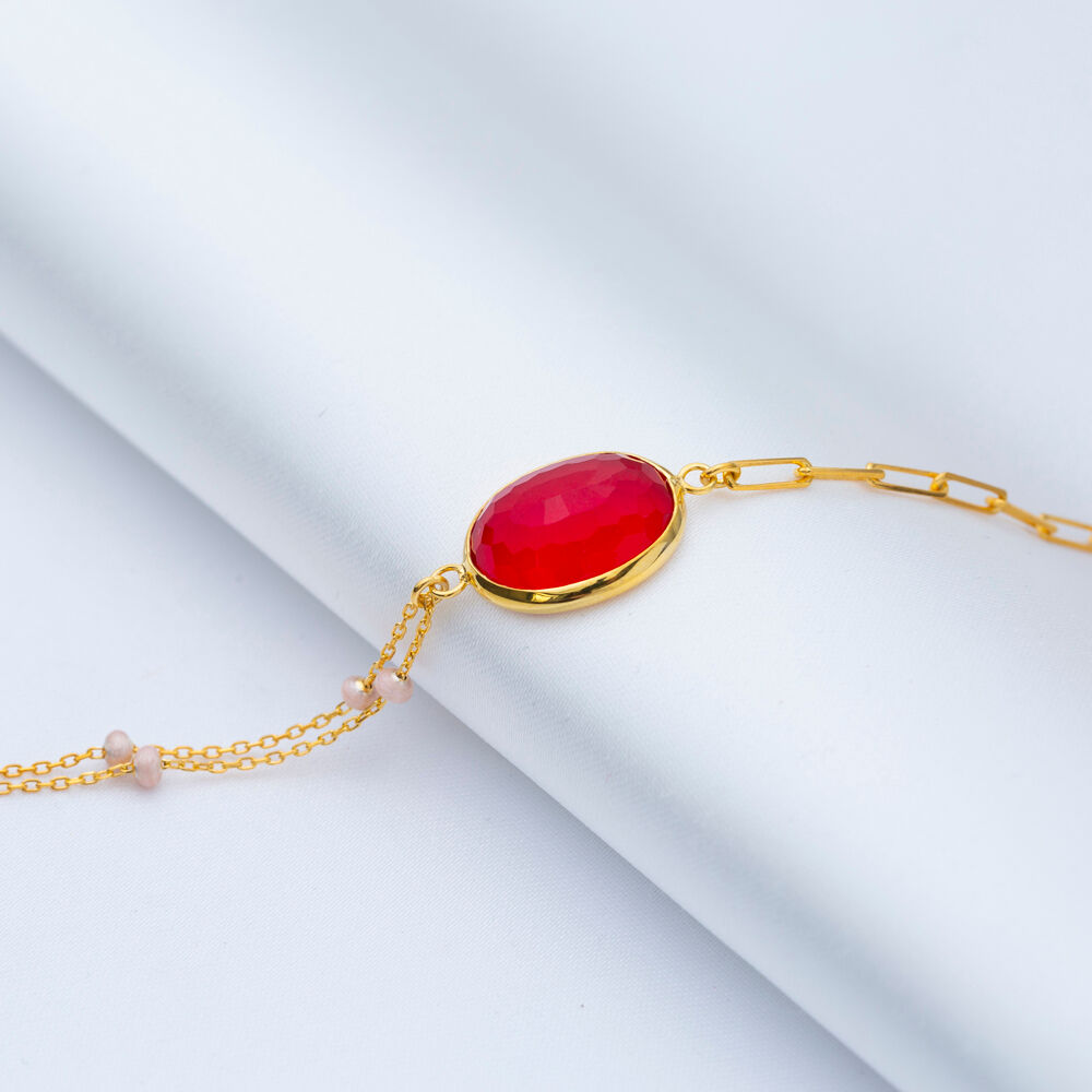 Ruby Quartz 22K Gold Bezel Oval Shape Chain Silver Bracelet