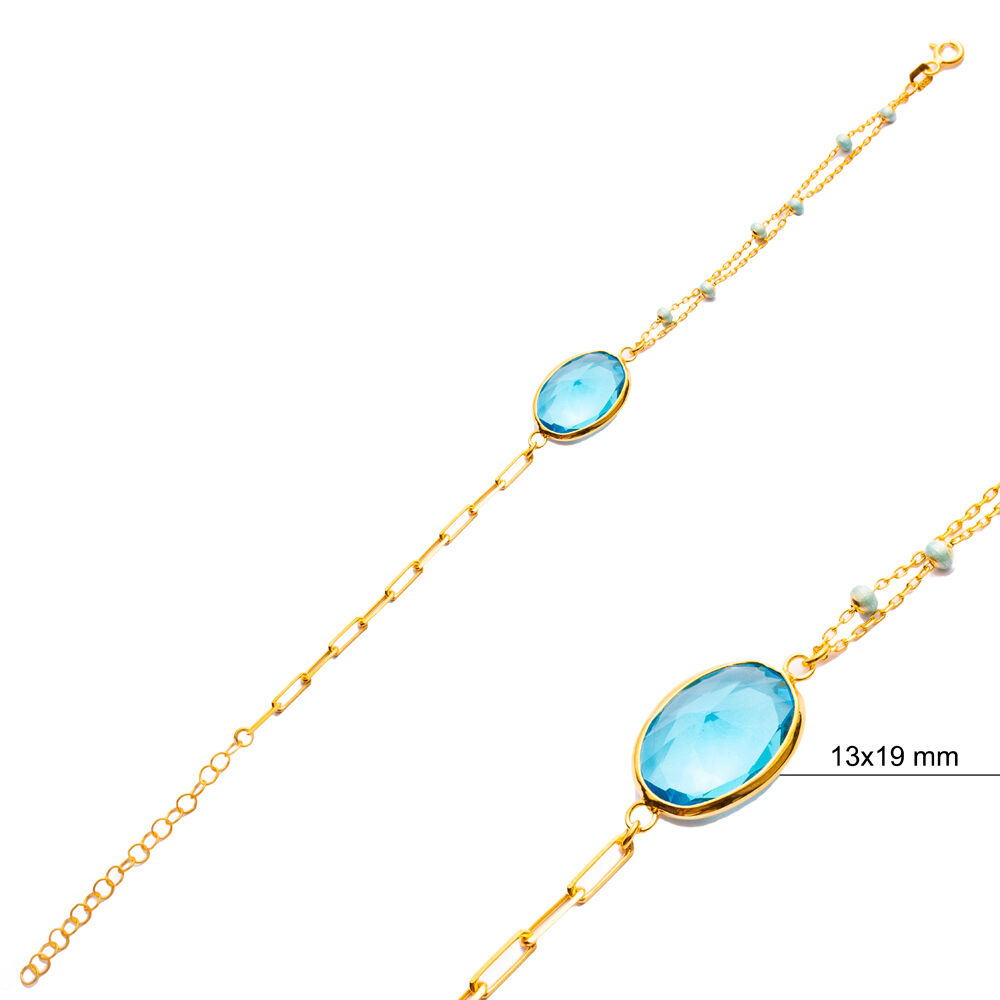 Aquamarine Quartz 22K Gold Bezel Oval Shape Silver Bracelet