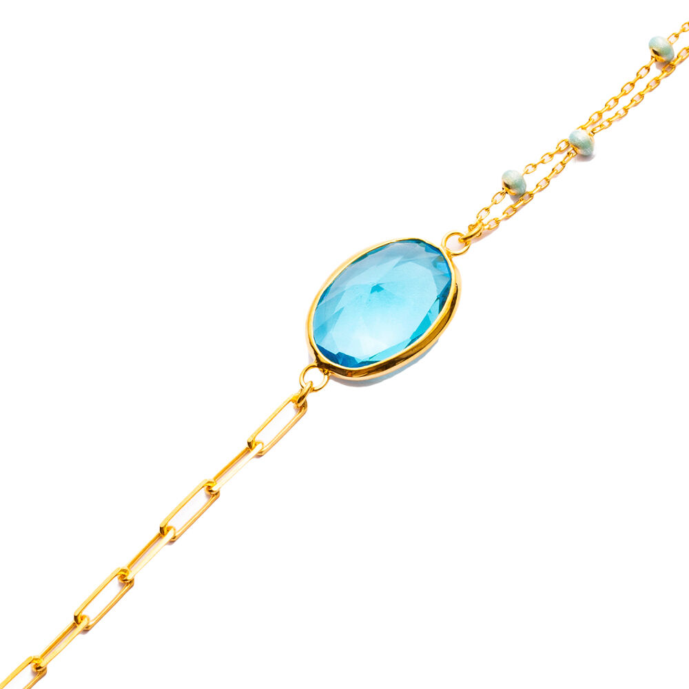 Aquamarine Quartz 22K Gold Bezel Oval Shape Silver Bracelet