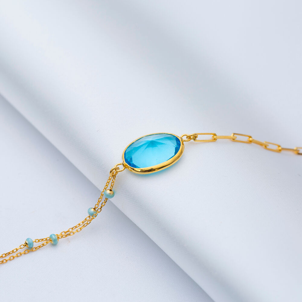 Aquamarine Quartz 22K Gold Bezel Oval Shape Silver Bracelet