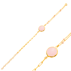 Pink Quartz 22K Gold Bezel Oval Shape Charm Silver Bracelet