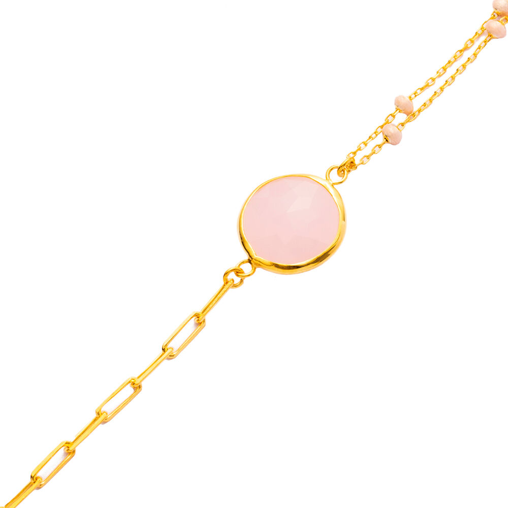 Pink Quartz 22K Gold Bezel Oval Shape Charm Silver Bracelet