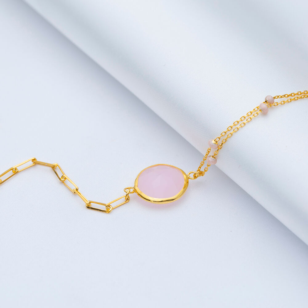 Pink Quartz 22K Gold Bezel Oval Shape Charm Silver Bracelet