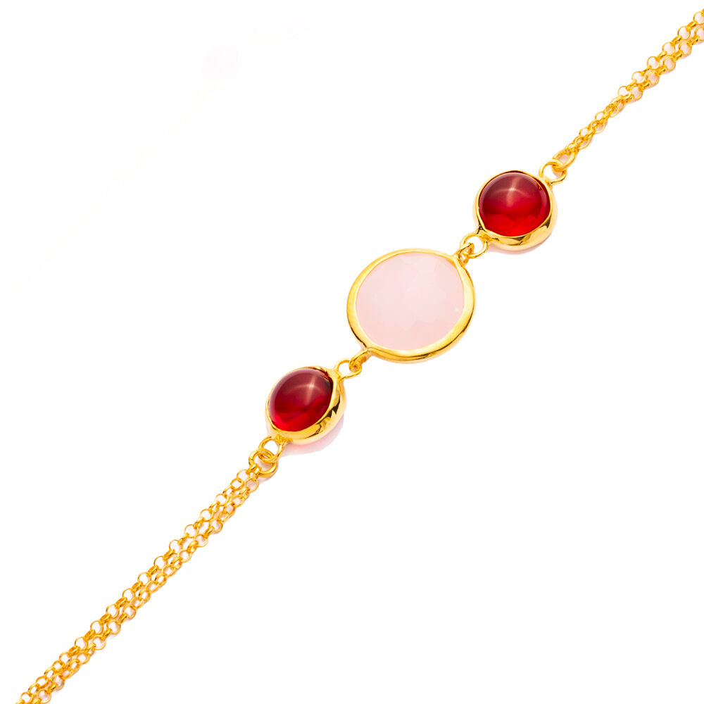 Quartz Stones Gold Bezel Round Shape Charm Silver Bracelet