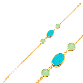 Turquoise Quartz Gold Bezel Round and Oval Charm Silver Bracelet