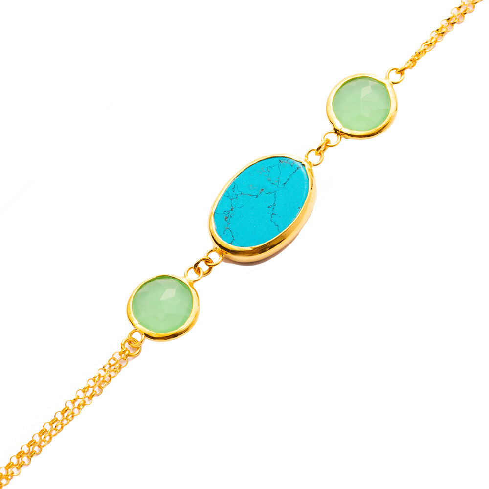 Turquoise Quartz Gold Bezel Round and Oval Charm Silver Bracelet