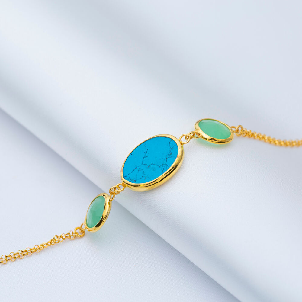 Turquoise Quartz Gold Bezel Round and Oval Charm Silver Bracelet