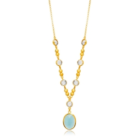 Aquamarine Quartz Oval Gold Bezel Silver Charm Necklace