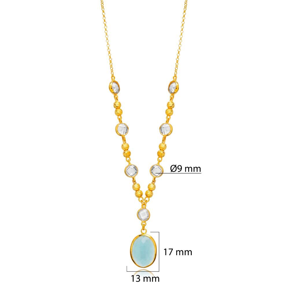 Aquamarine Quartz Oval Gold Bezel Silver Charm Necklace