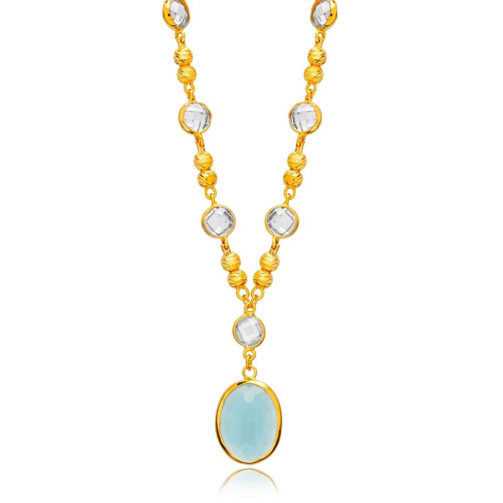 Aquamarine Quartz Oval Gold Bezel Silver Charm Necklace