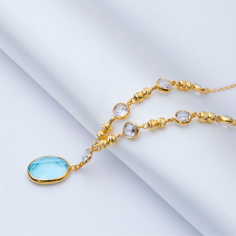 Aquamarine Quartz Oval Gold Bezel Silver Charm Necklace