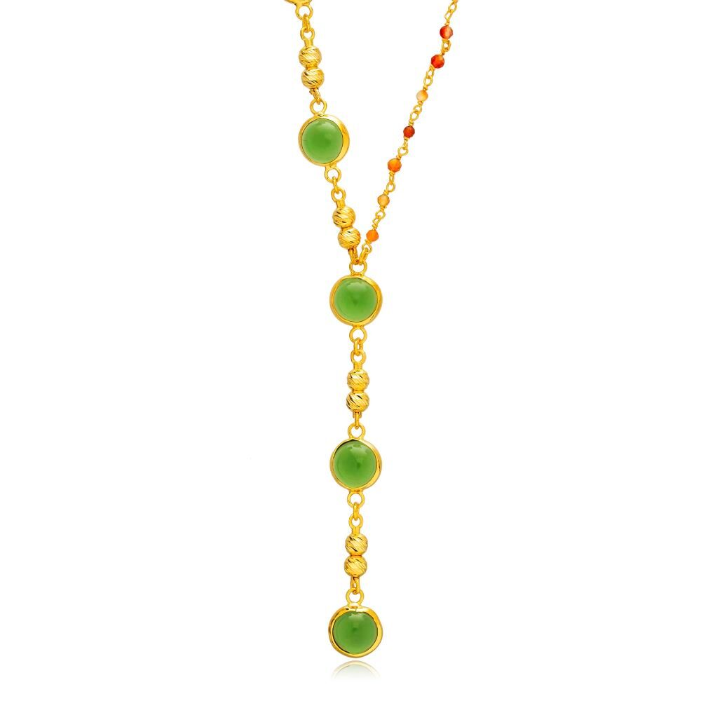 Green and Orange Quartz Y Design Bezel Silver Charm Necklace